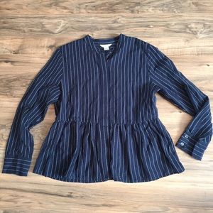 Caslon Navy Blue Striped Peplum Button Up Blouse
